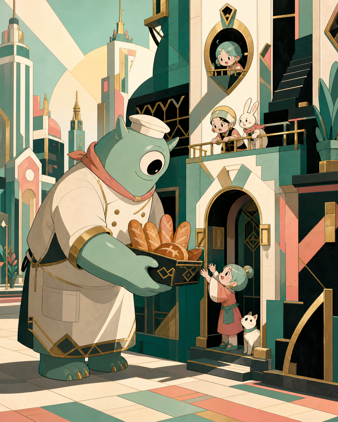 A tall one-eyed baker delivering bread to tiny apartment residents, as a minor cultural misunderstanding becomes a friendship. Street-level social frame where architecture reflects its residents. Celadon, coral pink, ink
