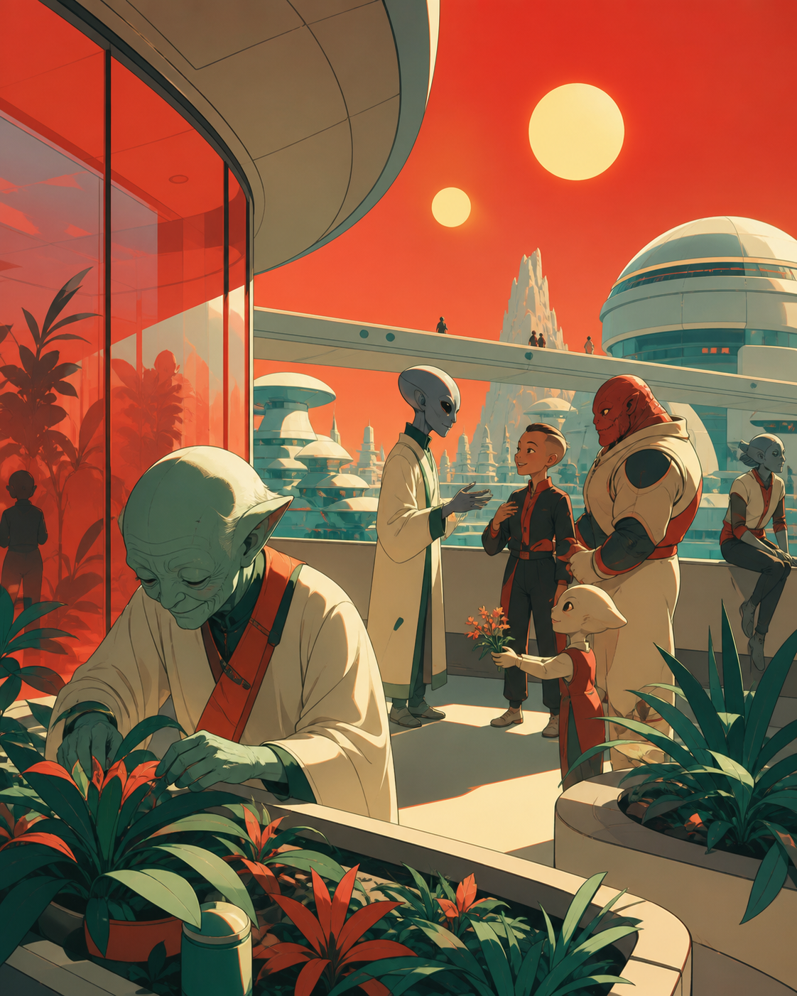 An elderly alien tending a balcony garden beneath two suns, during a warm community interaction across several species. Wide social composition showing several adaptations in one space. Vermillion, charcoal, warm ivory, 