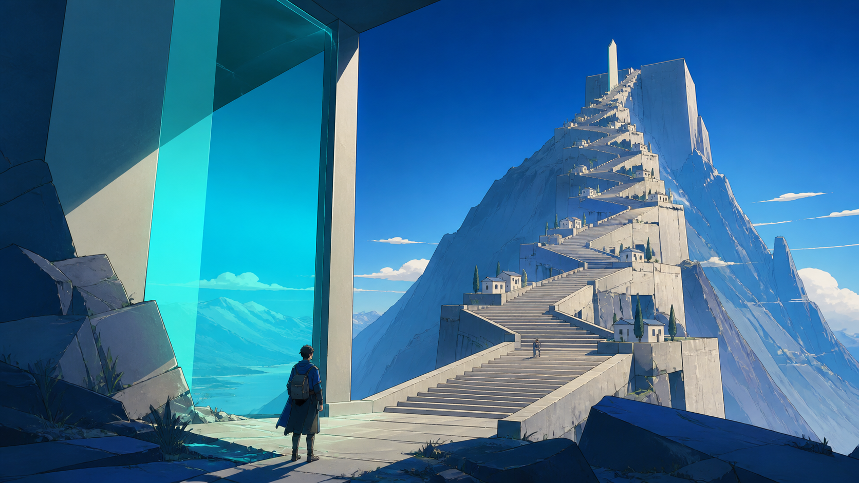 A valley crossed by an endless staircase whose landings contain tiny homes, during clear daylight that makes the scale easy to understand. Ground-level traveler view making the landmark fill most of the distance. Ultrama