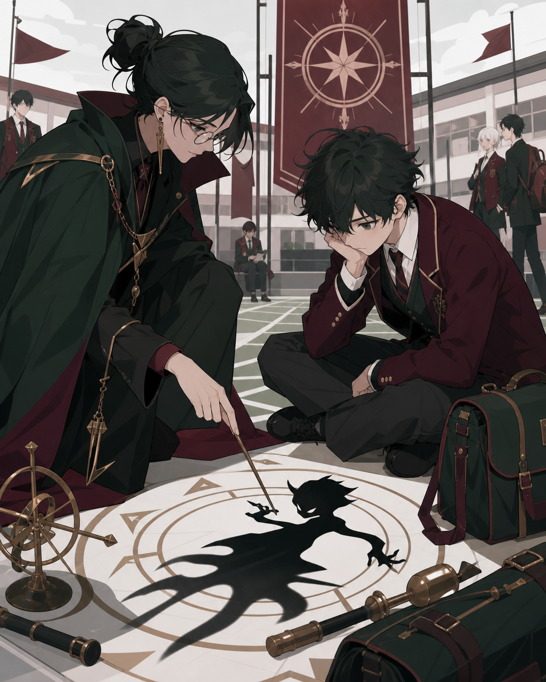 A teacher helping a student whose shadow refuses to follow instructions, during a cooperative exam that rewards kindness and creativity. Gym or courtyard view organized around one supervised exercise. Burgundy, midnight 