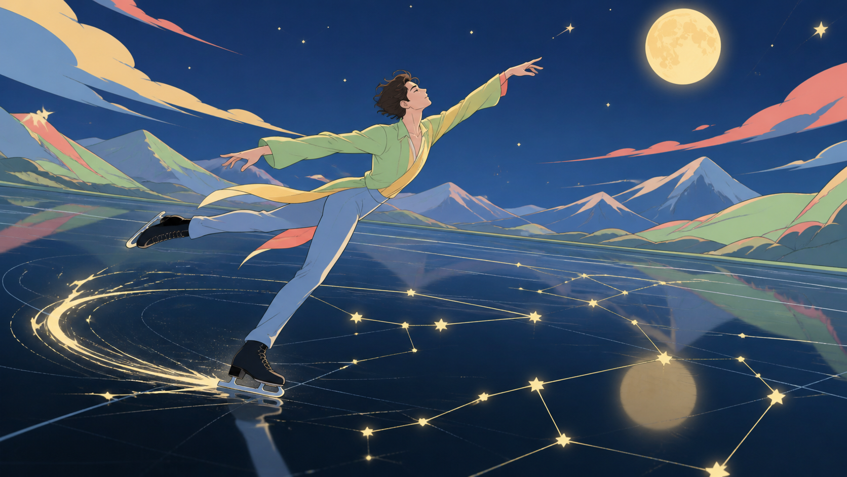 An adult figure skater tracing luminous constellations across black ice, frozen at the instant of greatest balance and momentum. Bold diagonal action composition with ample space ahead of the movement. Soft pistachio, bu