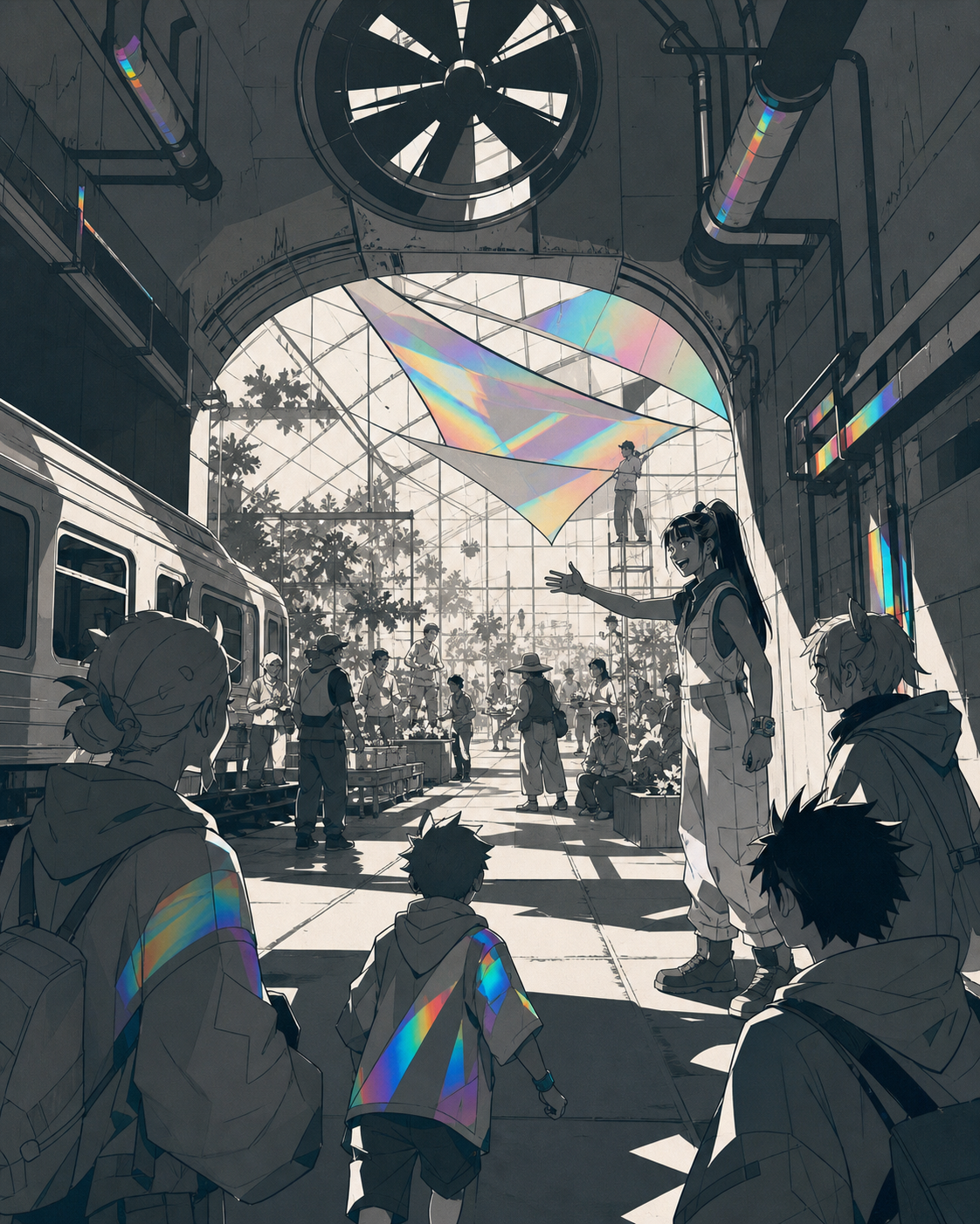 Community organizers turning a utility chamber into a public greenhouse, as visitors discover the space for the first time. Long tunnel perspective opening into a bright social space. Monochrome graphite with selective h