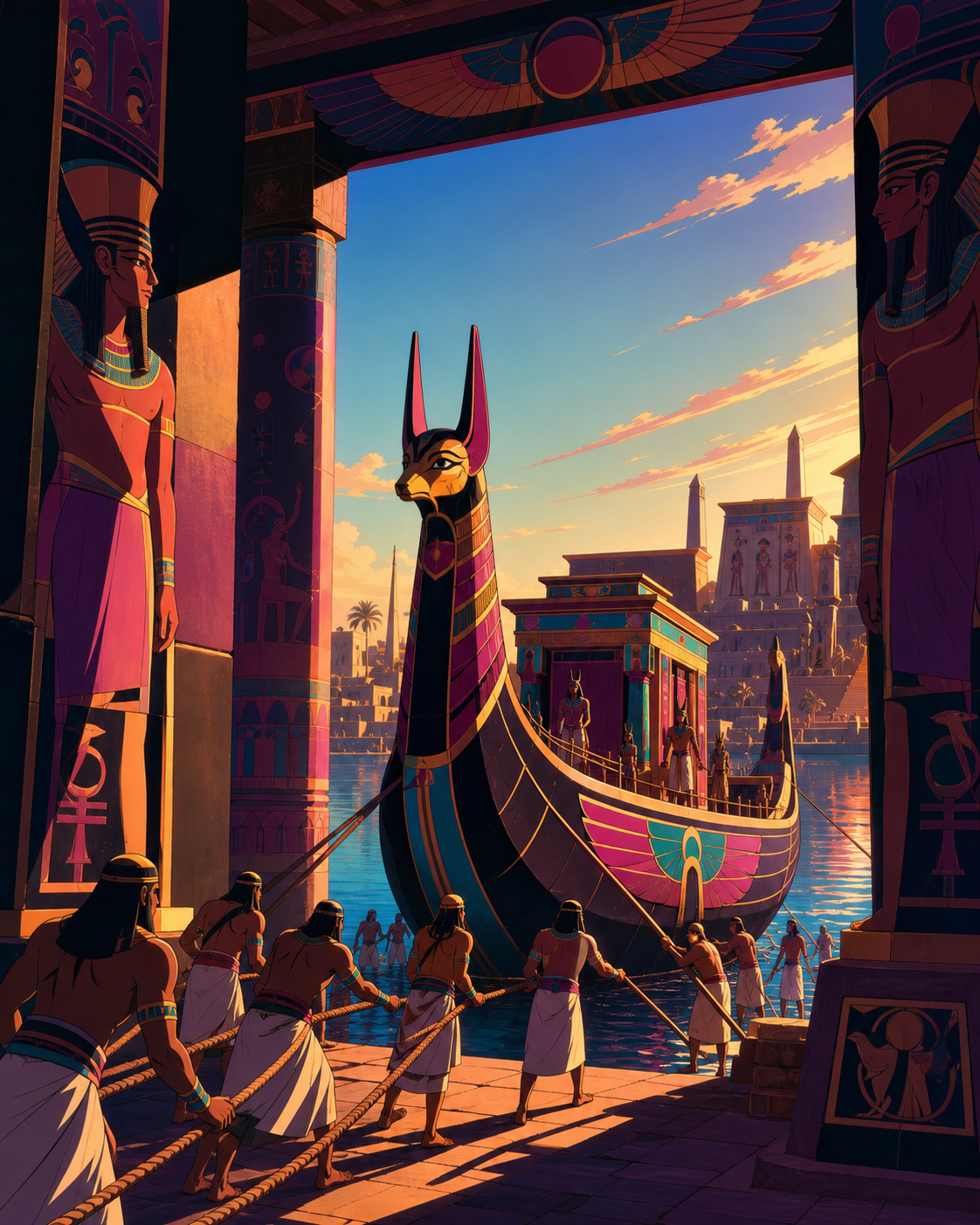 Engineers guiding a monumental stone barge into a river harbor, at the meeting point of river life, royal power, and desert mystery. Low ceremonial view using colossal architecture to frame one human action. Saturated ma