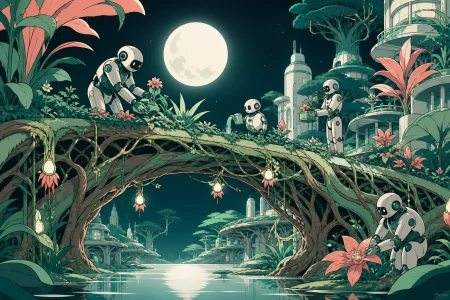 A city bridge grown from living roots and maintained by gardener robots, at a peaceful moment of cooperation between technology and living systems. Lush environmental composition w