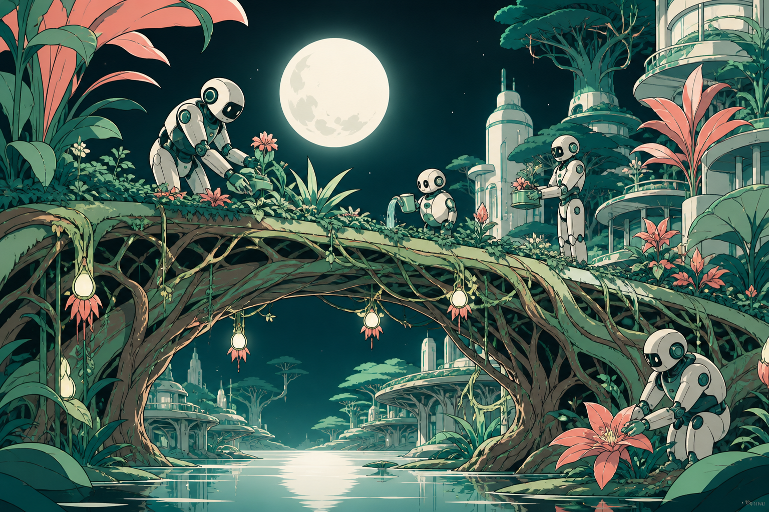 A city bridge grown from living roots and maintained by gardener robots, at a peaceful moment of cooperation between technology and living systems. Lush environmental composition with technology discovered gradually amon