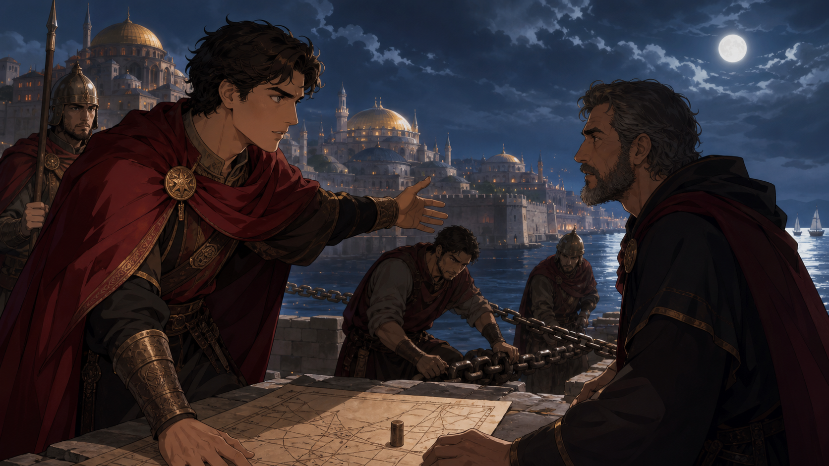 Engineers defending an ancient sea chain during a midnight attack, at the height of a cosmopolitan empire linking three continents. Compressed palace-court scene organized around one decisive exchange. Crimson, black che