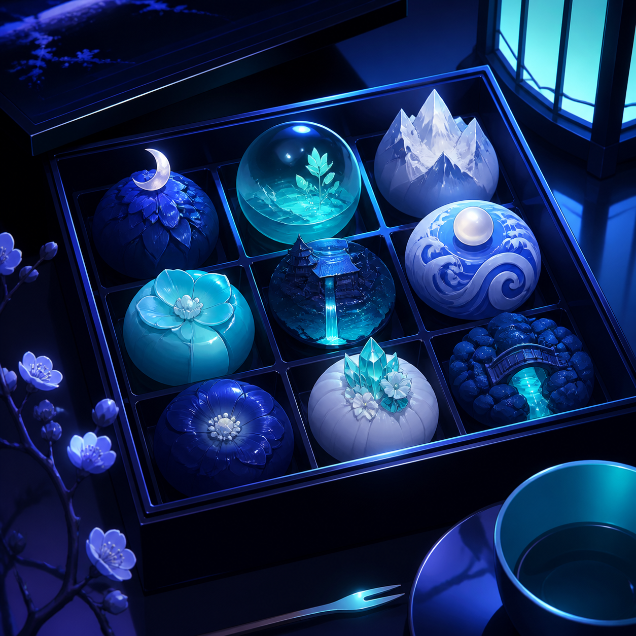 A jewel-like box of seasonal wagashi shaped as miniature fantasy landscapes, lit for a magical late-night café menu without any written text. Intimate close-up with shallow depth and layered foreground details. Ultramari