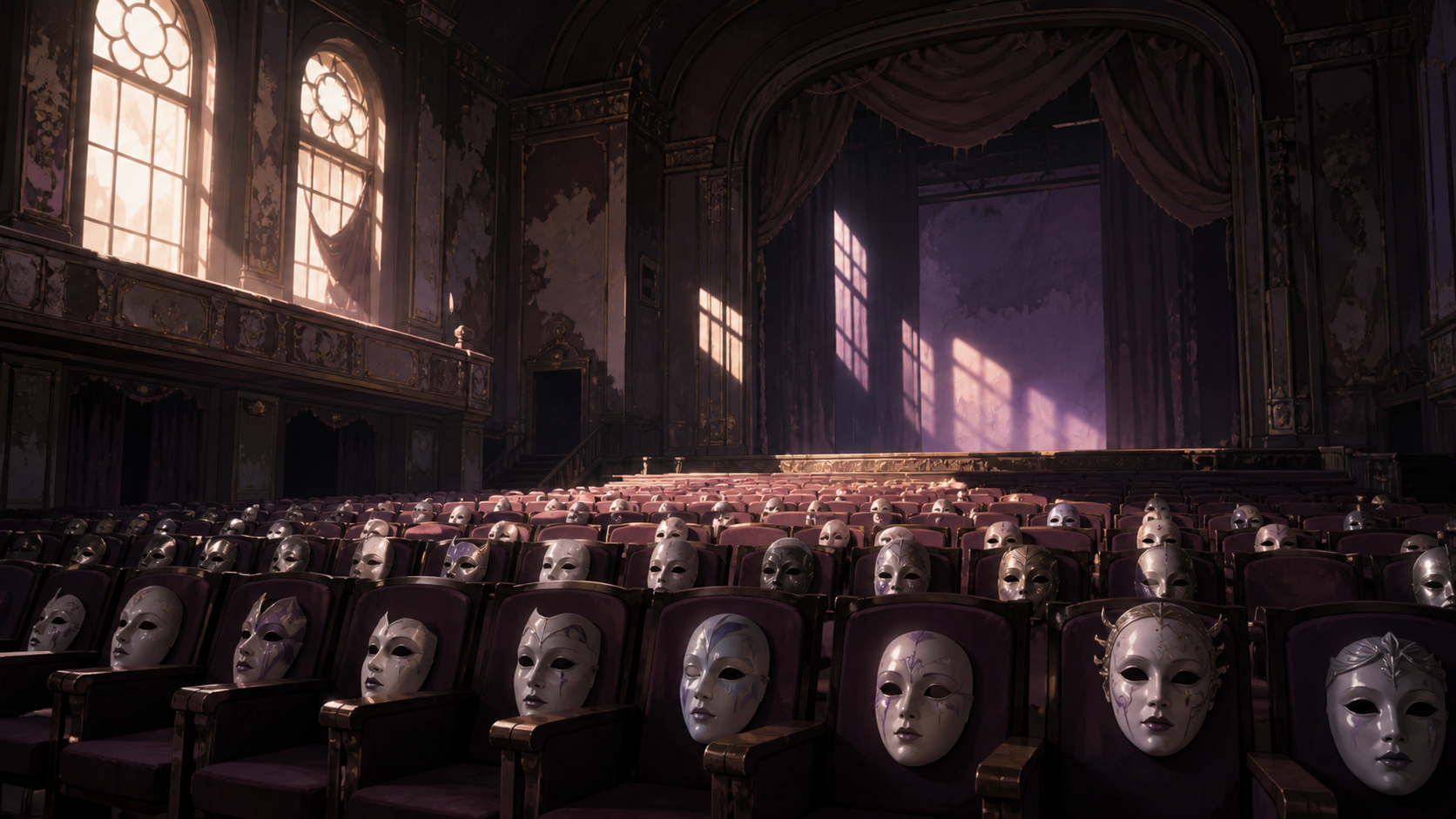 An abandoned theater where every empty seat holds a different porcelain mask, quiet and beautiful enough to invite curiosity despite the unease. Suspenseful deep-perspective composition with the threat implied rather tha