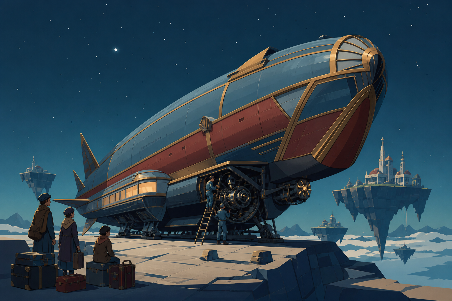 A weather-beaten airship ferry serving remote floating islands, undergoing a small roadside repair in a vast unfamiliar landscape. Grand three-quarter vehicle view embedded naturally in its route. Petrol blue, oxide red,