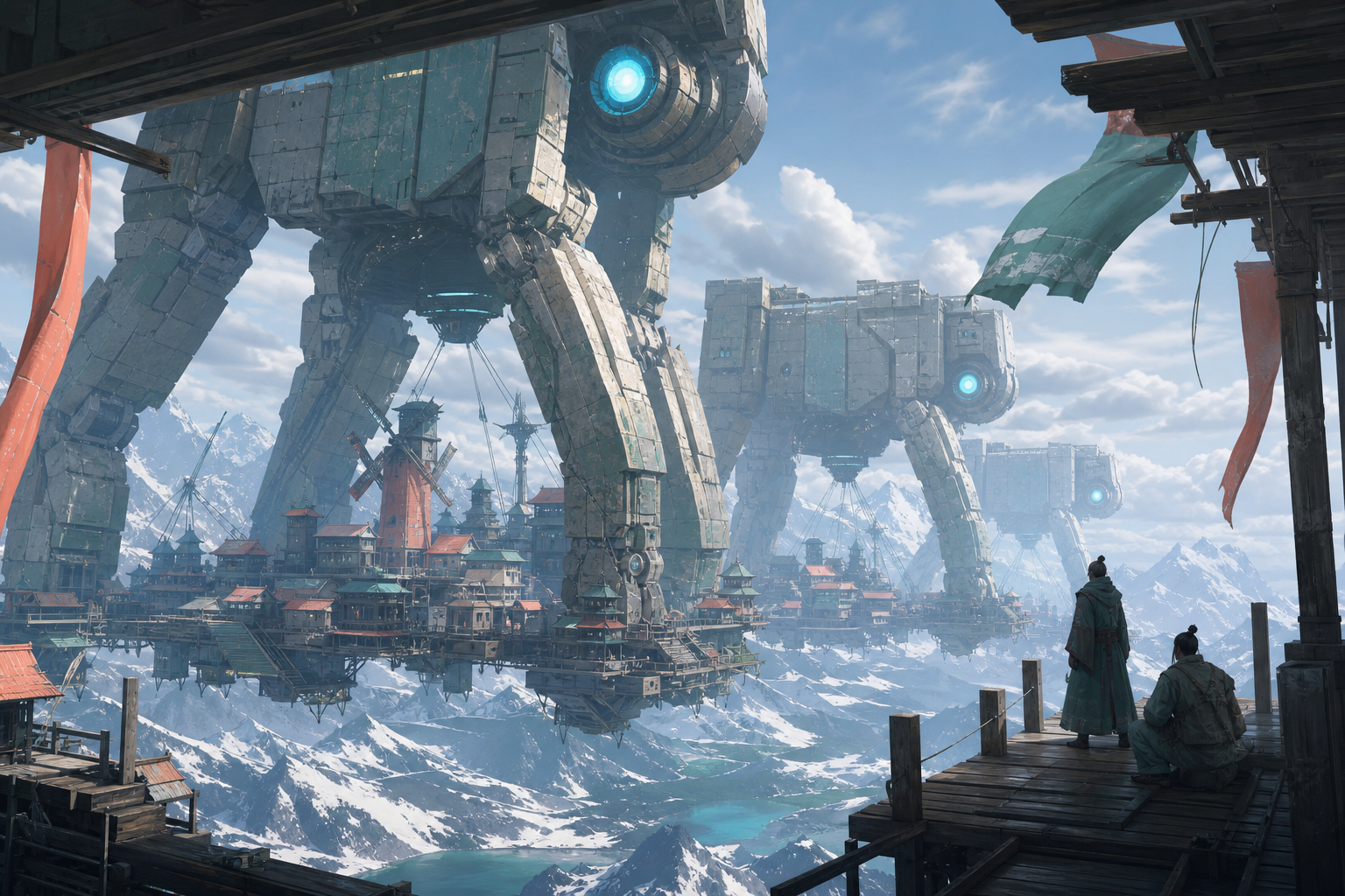 A mountain village suspended beneath migrating stone giants, seen during the first morning after a century-long winter. Wide landscape composition with dramatic foreground framing. Sea-glass green, faded coral, storm gra
