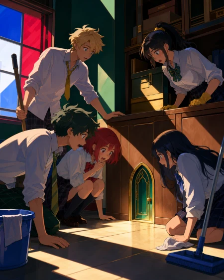 A cheerful class cleaning team finding a miniature door behind a cabinet, during a quiet moment when a friendship visibly changes. Ensemble frame with each student's role readable 