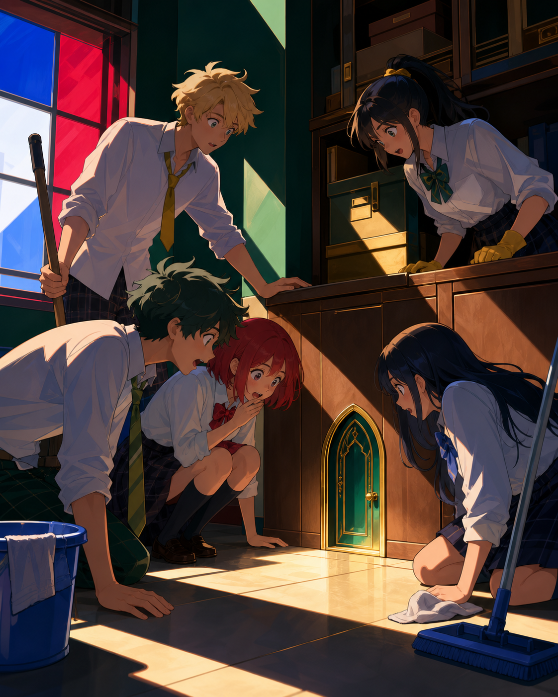 A cheerful class cleaning team finding a miniature door behind a cabinet, during a quiet moment when a friendship visibly changes. Ensemble frame with each student's role readable at a glance. Emerald, stained-glass ruby