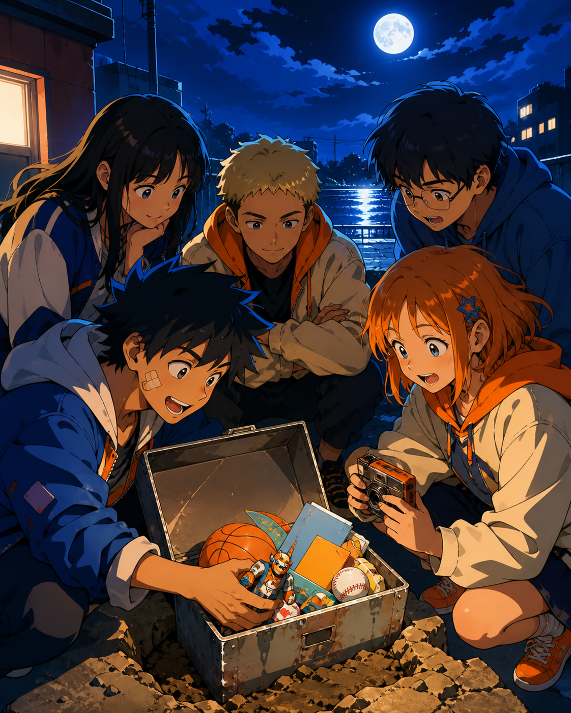 A mixed friend group opening a time capsule they buried as children, after school when ordinary surroundings feel briefly important. Intimate two-shot with the environment reflecting the emotional shift. Cobalt, persimmo
