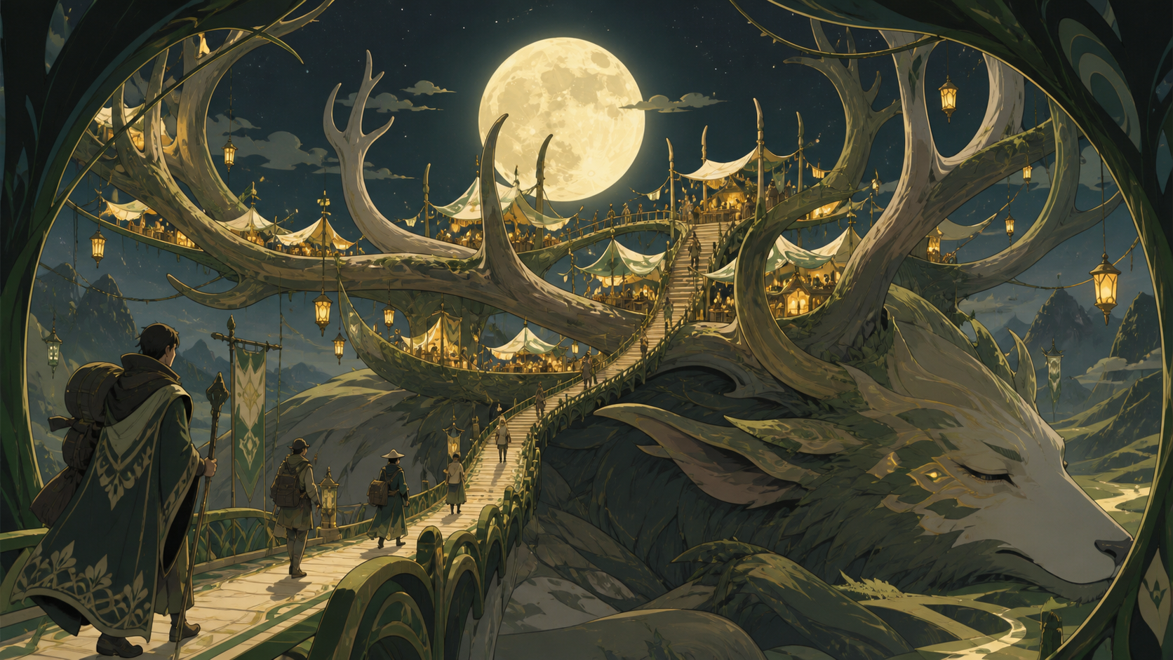 A moonlit market built across the antlers of a sleeping forest god, with tiny travelers revealing the monumental scale. Epic establishing shot with a clear visual path into the world. Moss green, slate gray, mushroom cre