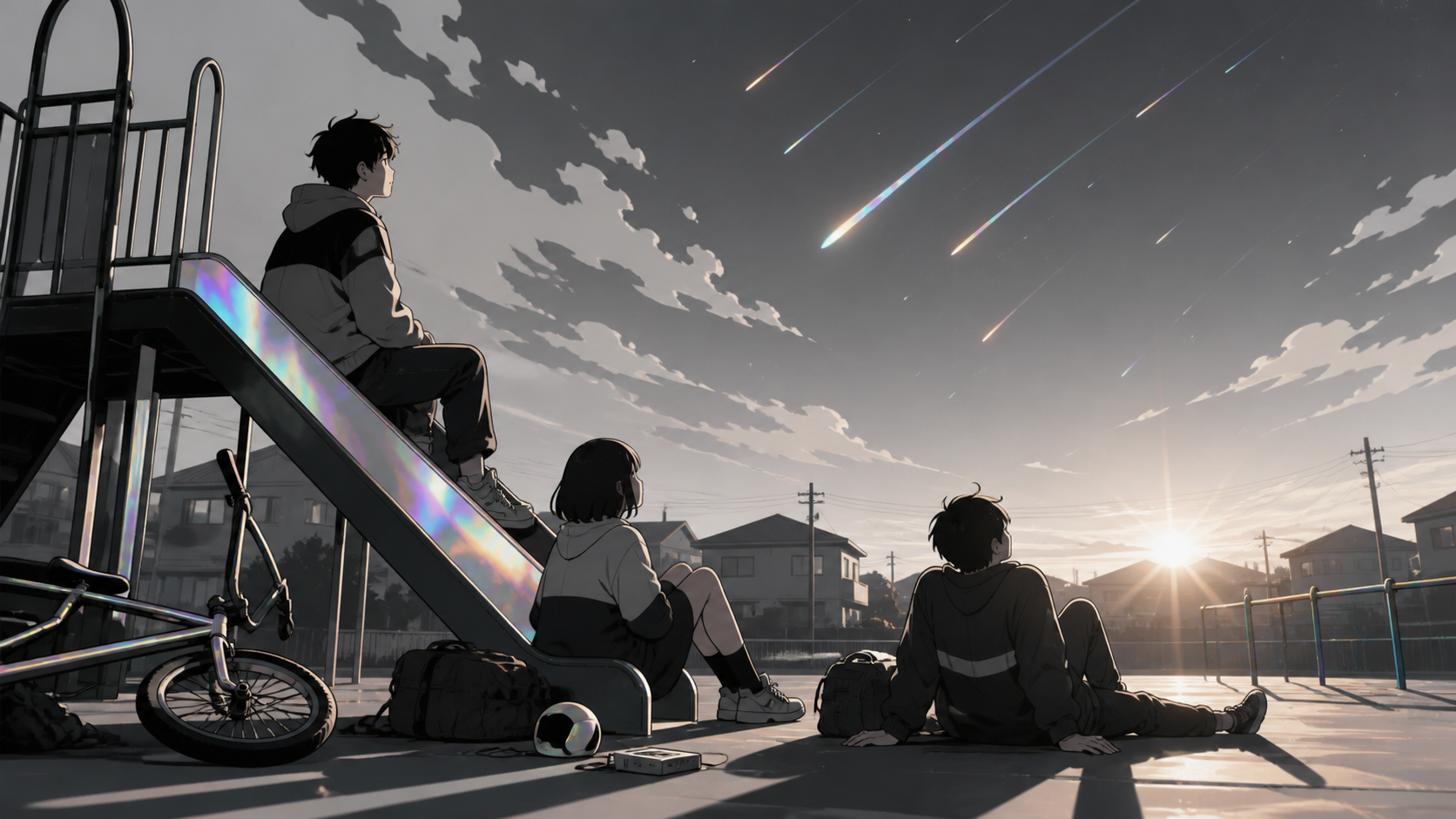 Friends watching a meteor shower from a neighborhood playground, after school when ordinary surroundings feel briefly important. Observational side view that feels candid rather than posed. Monochrome graphite with selec