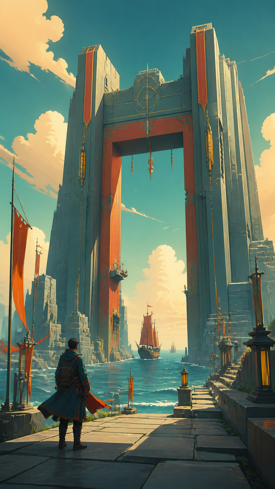An ocean horizon interrupted by a doorway large enough for ships, treated as inhabitable geography rather than a symbolic poster. Ground-level traveler view making the landmark fill most of the distance. Petrol blue, oxi