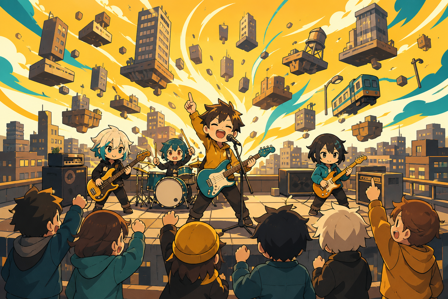 A rooftop rock band playing while the surrounding city slowly levitates, seen from within the audience as sound visibly transforms the environment. Dynamic stage-wide frame with movement radiating from the lead performer