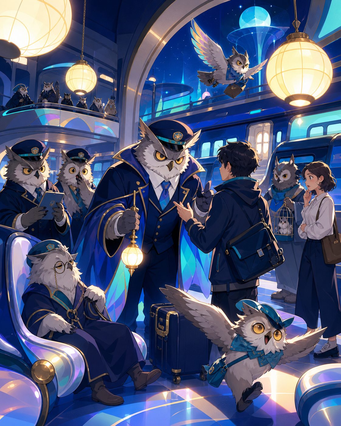 A railway station operated by solemn owl-like conductors, as a minor civic problem brings several personalities together. Busy civic tableau with one central interaction guiding the eye. Ultramarine, bioluminescent turqu