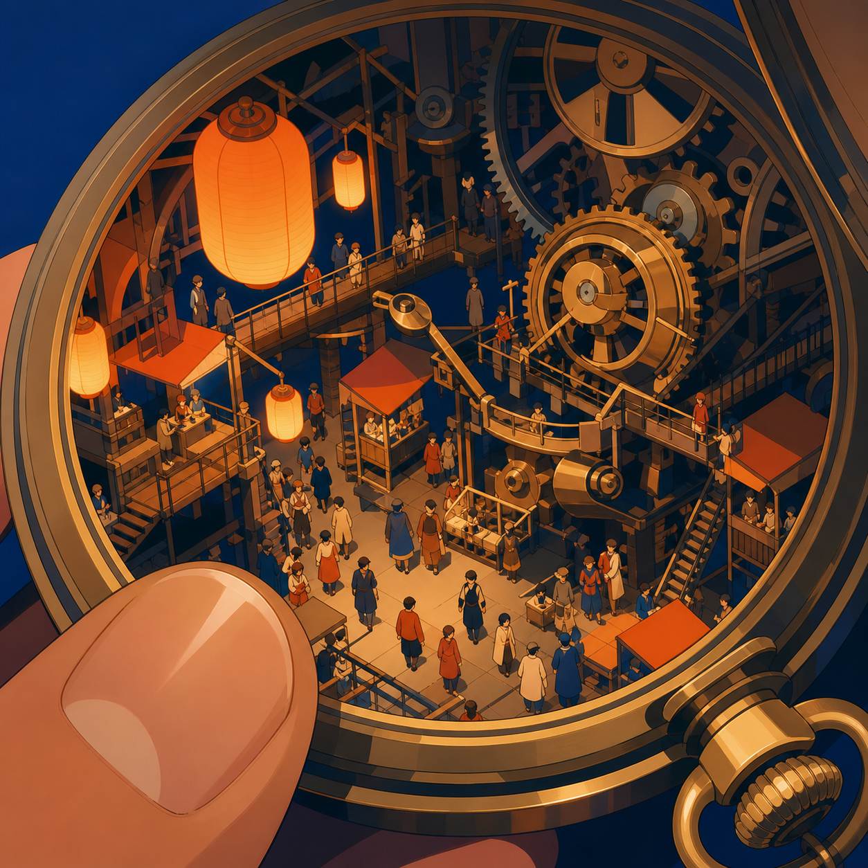 A bustling market hidden inside the mechanism of a pocket watch, observed at close range with ordinary objects revealing the tiny scale. Macro diorama composition with one ordinary object anchoring scale. Cobalt, persimm