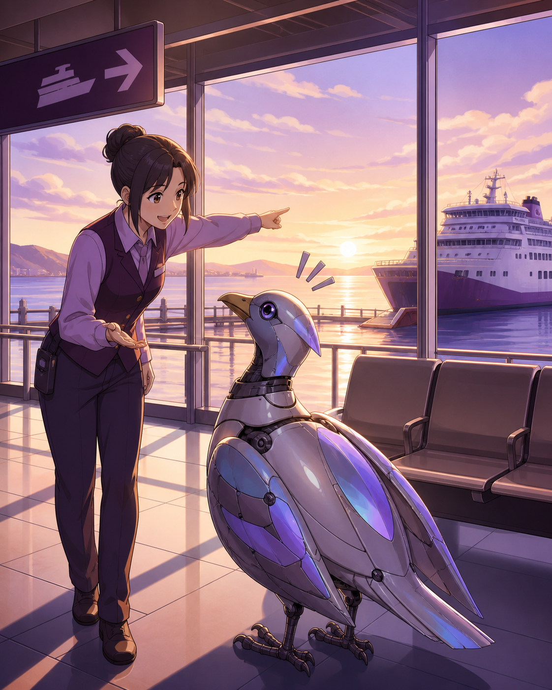 A ferry terminal employee guiding a lost mechanical bird toward the correct gate, during the quiet interval between departure and arrival. Window-side two-person composition with the journey visible beyond. Mulberry, tea