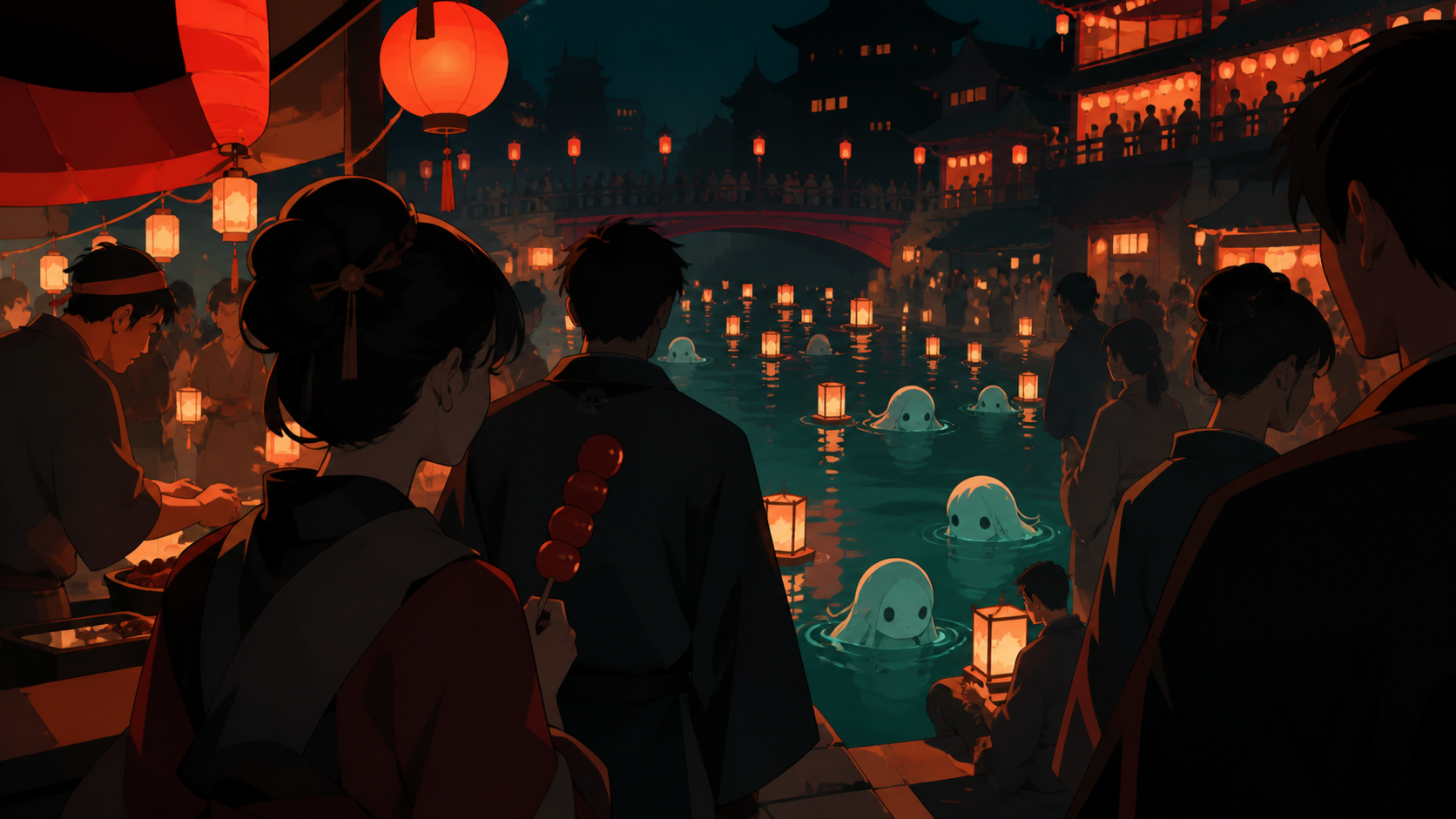 A river lantern festival attended by humans and shy water spirits, from an unusual vantage point within the crowd rather than above it. Immersive crowd-level panorama with clear focal lighting. Vermillion, charcoal, warm