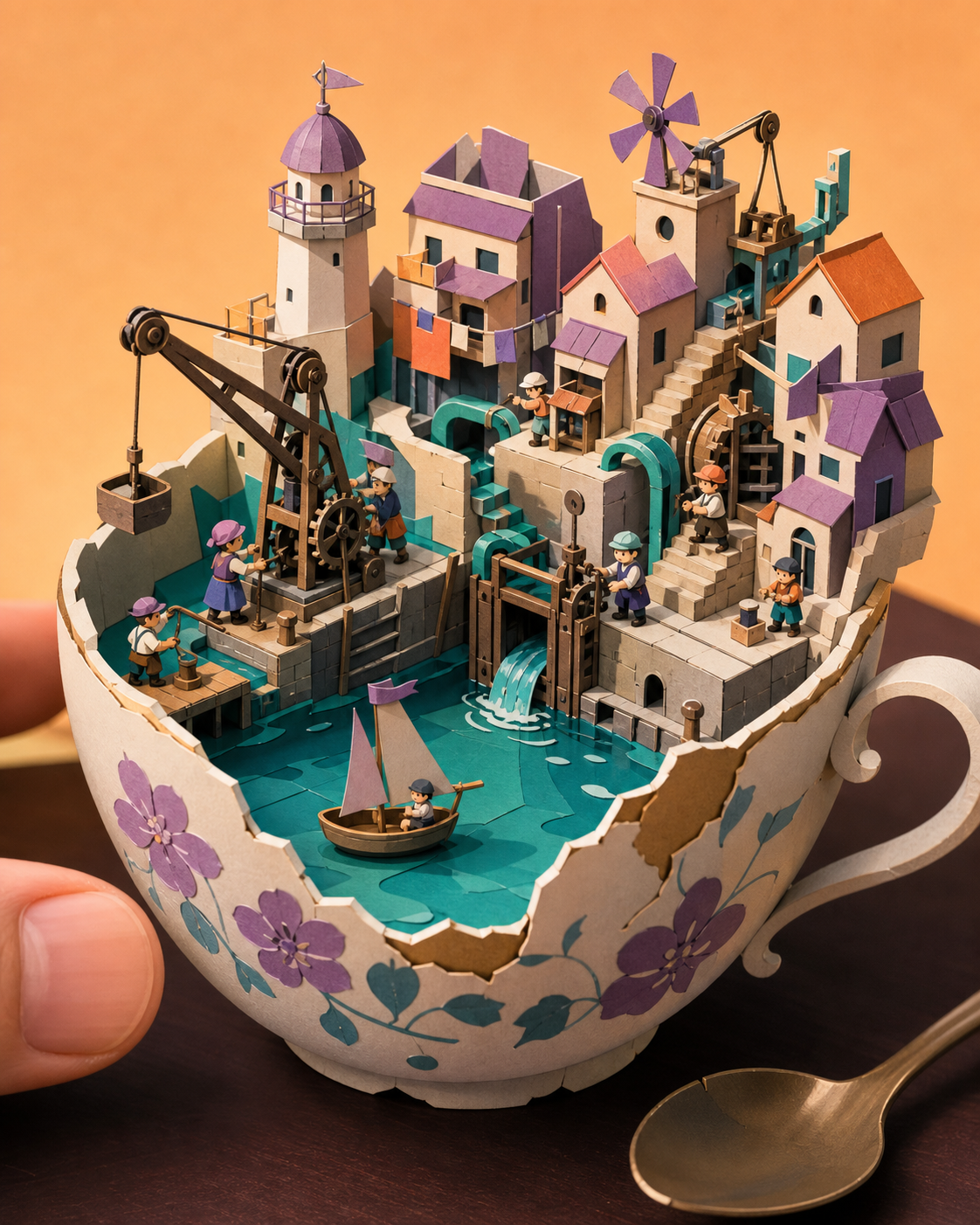 A harbor town thriving inside a chipped porcelain teacup, as inhabitants solve an everyday problem using ingenious small machinery. Macro diorama composition with one ordinary object anchoring scale. Apricot, orchid purp