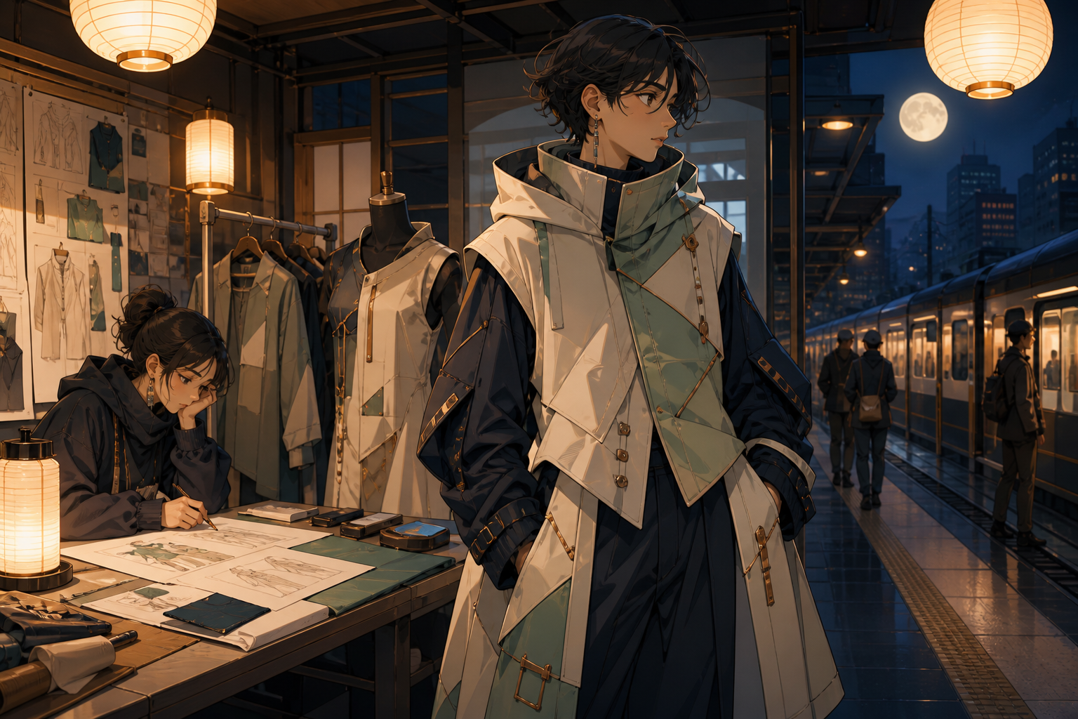 A model wearing architecture-inspired streetwear at a transit platform, during candid preparation rather than a formal runway pose. Candid studio view showing design process and finished clothing together. Moonlit indigo