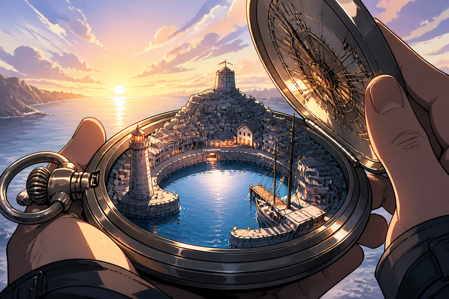 An ocean harbor contained within an open pocket watch, with scale contrast serving as the entire visual idea. Cutaway-like angle revealing the impossible volume without technical labels. Pale lavender, icy blue, graphite