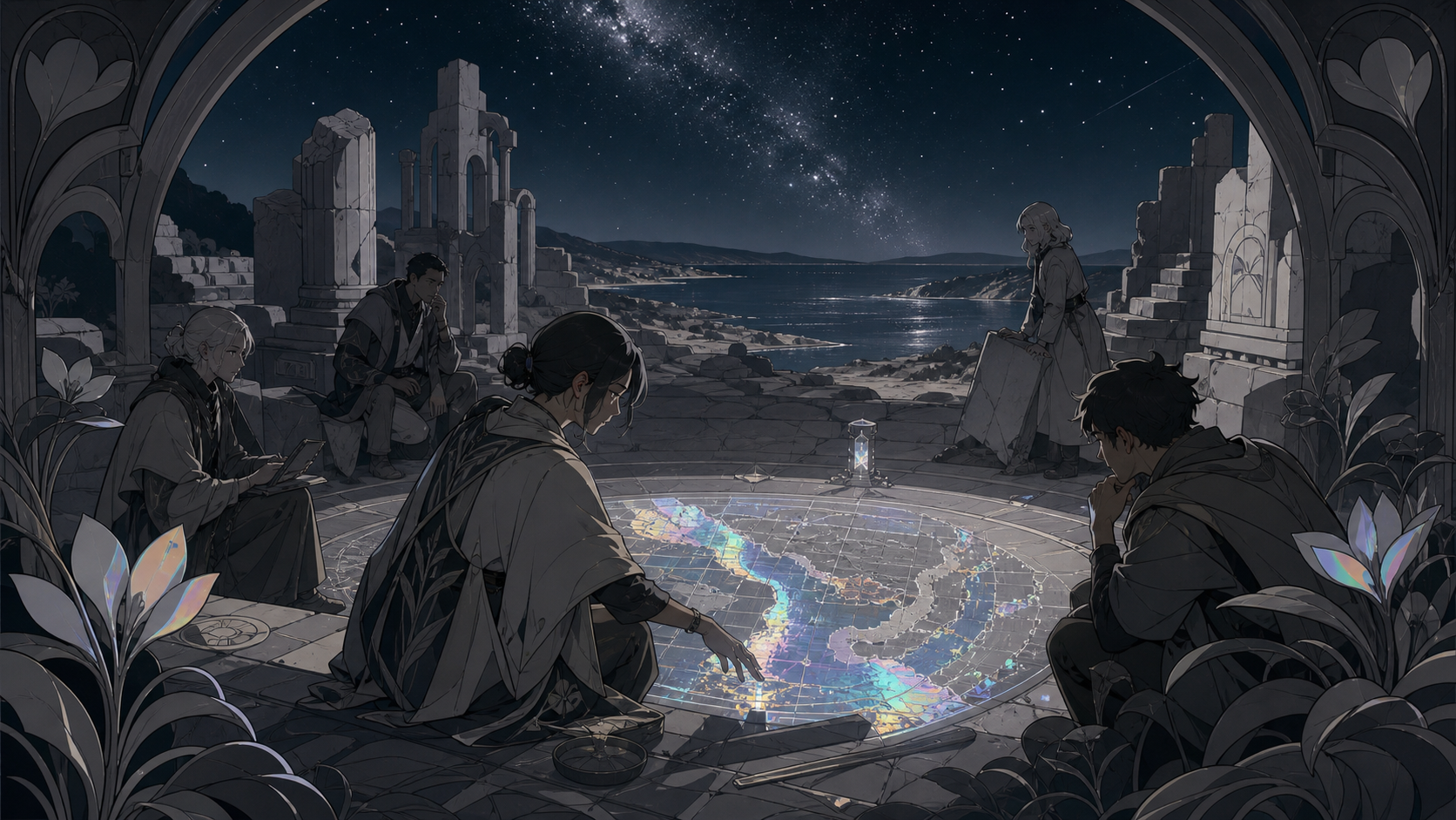 A linguist activating an ancient map that depicts tomorrow's coastline, with the team quietly comparing evidence around one central discovery. Wide site view showing the relationship between researchers and discovery. Mo