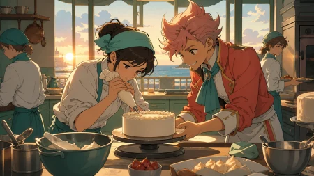 A quiet baker facing a flamboyant pastry champion at sunrise, when competitors pause to help one another finish safely. Counter-height action view centered on one precise cooking m