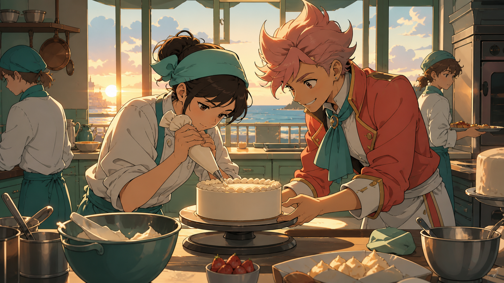 A quiet baker facing a flamboyant pastry champion at sunrise, when competitors pause to help one another finish safely. Counter-height action view centered on one precise cooking motion. Sea-glass green, faded coral, sto