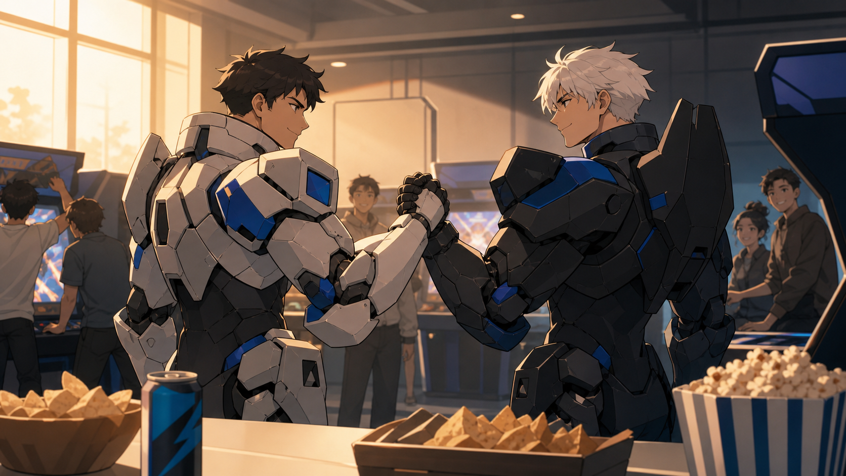 Two rival arcade champions meeting for a friendly rematch after many years, shown through reactions and relationships rather than a view of the rules. Wide community-room scene with several games and one primary group. S