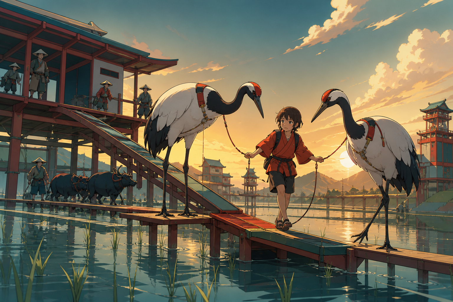 Cranes escorting a lost child across shallow rice fields, as humans and animals solve a practical problem together. Balanced human-and-animal two-shot with shared task visible. Vermillion, charcoal, warm ivory, and weath
