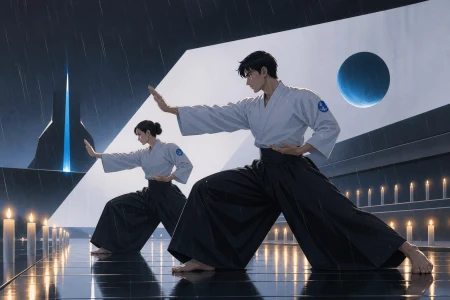 Two martial artists performing a ceremonial exhibition in heavy rain, shown as disciplined athletic movement rather than combat spectacle. Long-lens frame compressing competitors a