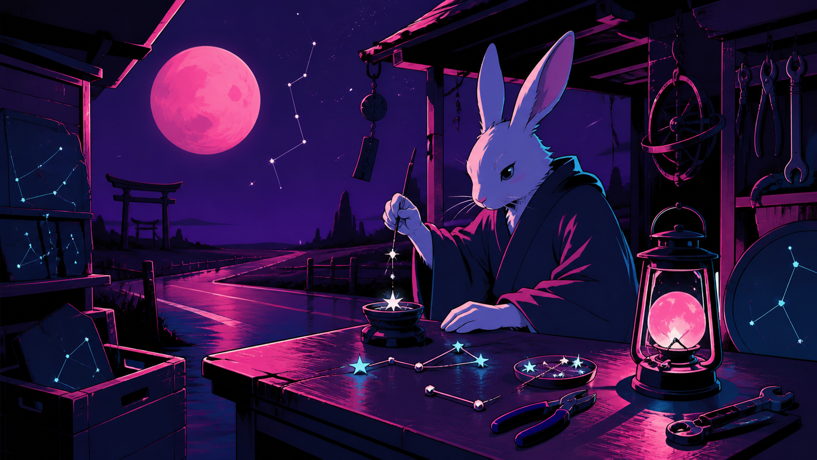 A moon rabbit operating a roadside repair shop for broken constellations, performing a small ritual whose meaning is revealed through objects. Balanced ensemble composition with one strong focal action. Saturated magenta