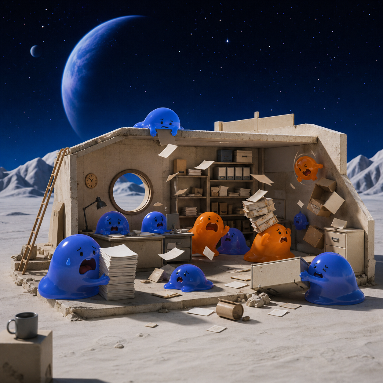 An office staffed by anxious slimes trying to meet an impossible deadline, in the middle of an escalating but harmless disaster. Ensemble comedy tableau with several connected visual jokes. Cobalt, persimmon orange, warm