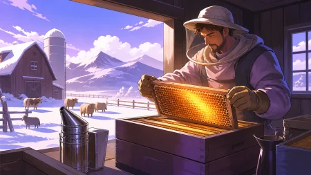 An adult beekeeper tending geometric honeycombs that store summer sunlight, during familiar seasonal work treated with quiet care. Wide pastoral scene with work activity guiding th