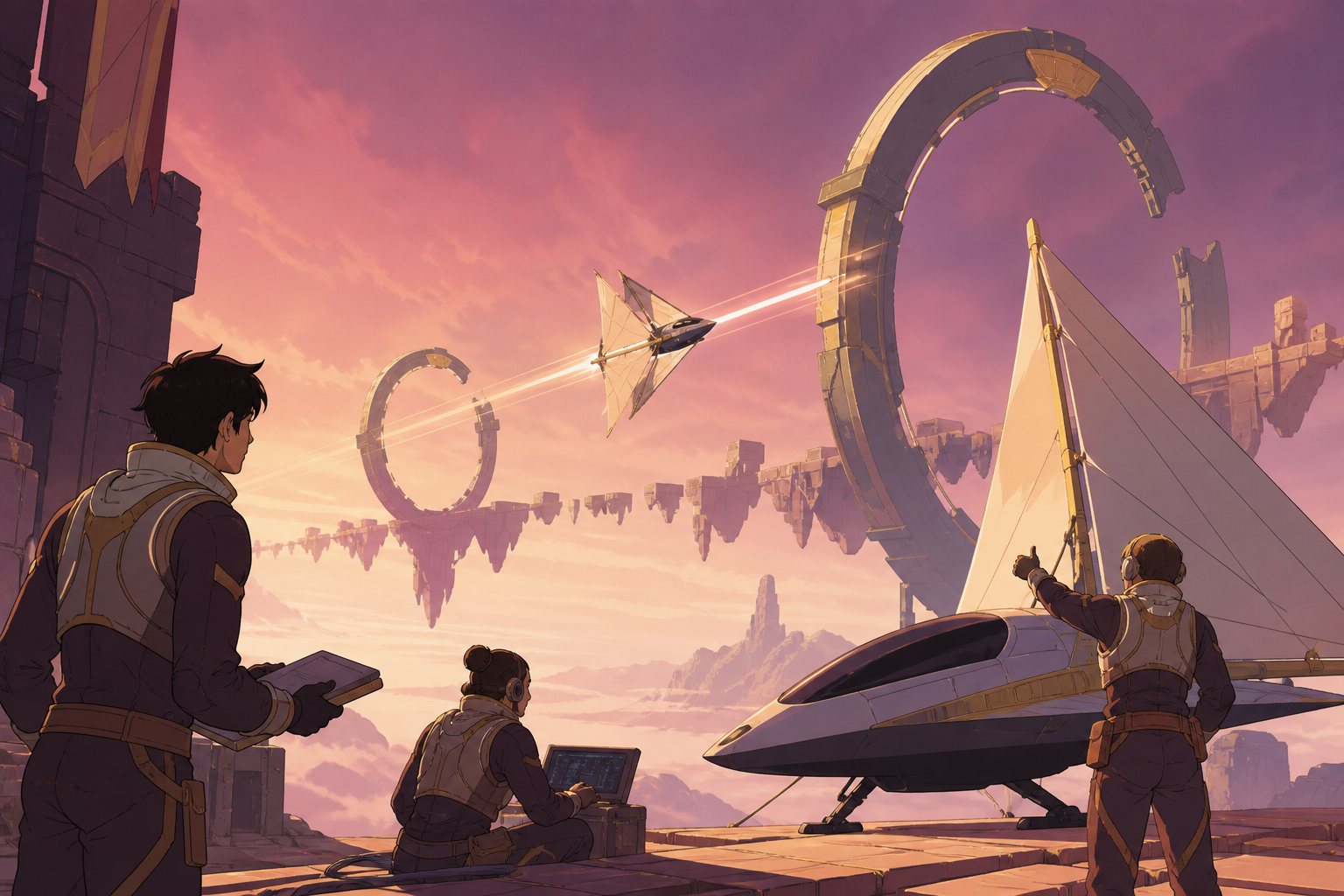 A courier racing a compact solar sailer between moving orbital gates, during a carefully coordinated operation with clear roles. Wide landing tableau with crew, vessel, and discovery in distinct layers. Muted rose, parch