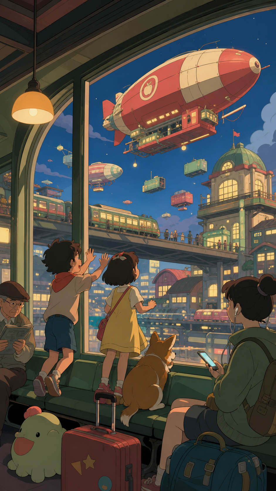 Children watching freight airships pass above a suburban station, late at night when public transport feels temporarily intimate. Interior view looking through a large window at passing architecture. Soft pistachio, butt