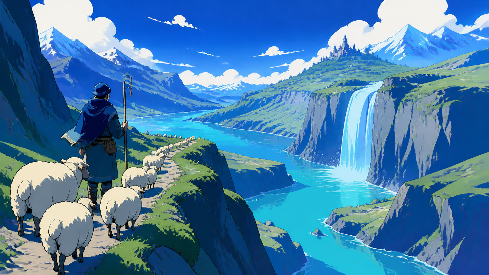 A shepherd guiding bright woolly animals across a narrow green valley, in clear daylight with the route and destination both visible. Traveler-height viewpoint opening suddenly onto a vast valley. Ultramarine, biolumines
