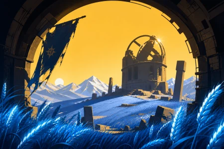 A ruined observatory surrounded by fields of luminous blue wheat, seen during the first morning after a century-long winter. Wide landscape composition with dramatic foreground fra