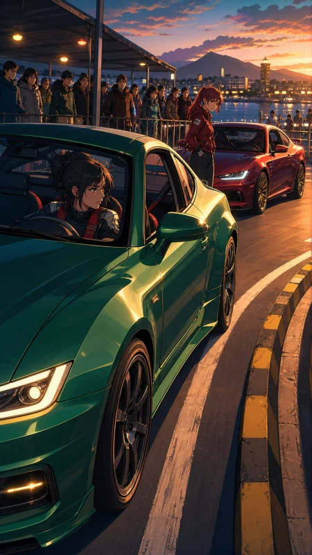 Women drivers preparing hand-built electric coupes beside a harbor, during a legal night event with spectators safely behind barriers. Low tracking angle beside the leading car thr