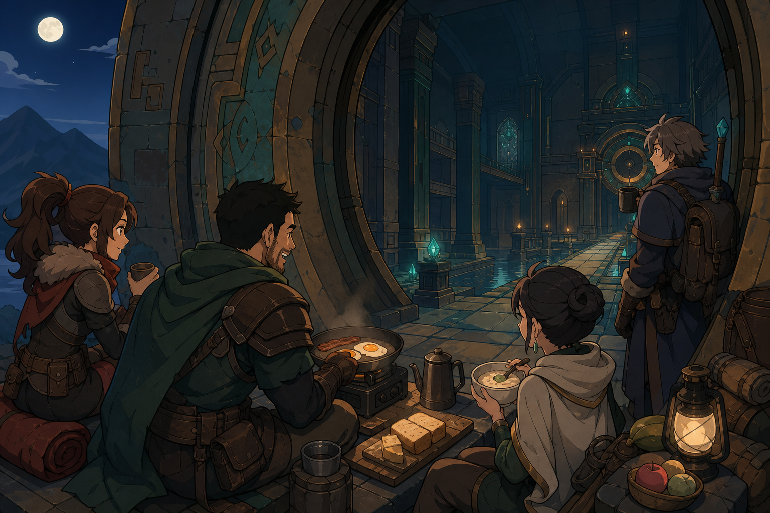 An adult adventuring party cooking breakfast outside a sealed ancient vault, at the first reveal of a spectacular unexplored chamber. Over-the-shoulder discovery frame revealing a large navigable space. Moonlit indigo, o