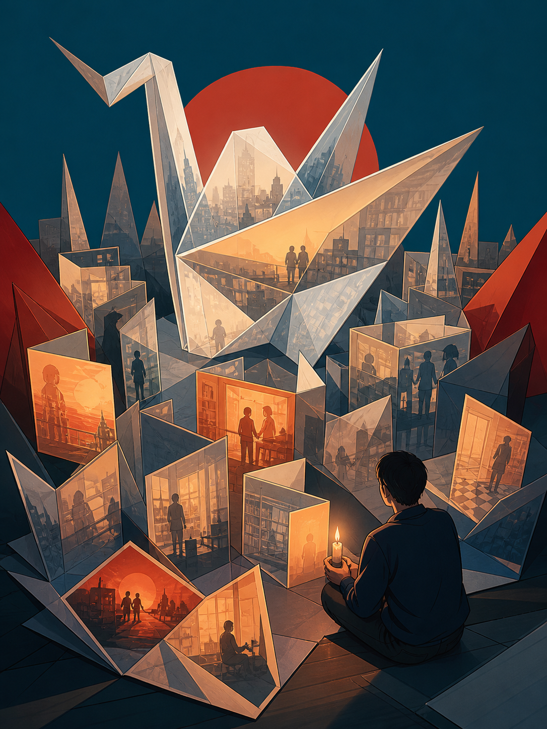 A city assembled entirely from folded memories represented as translucent paper, using one impossible transformation as the central visual rule. Carefully staged surreal tableau with a single unmistakable focal point. Pe