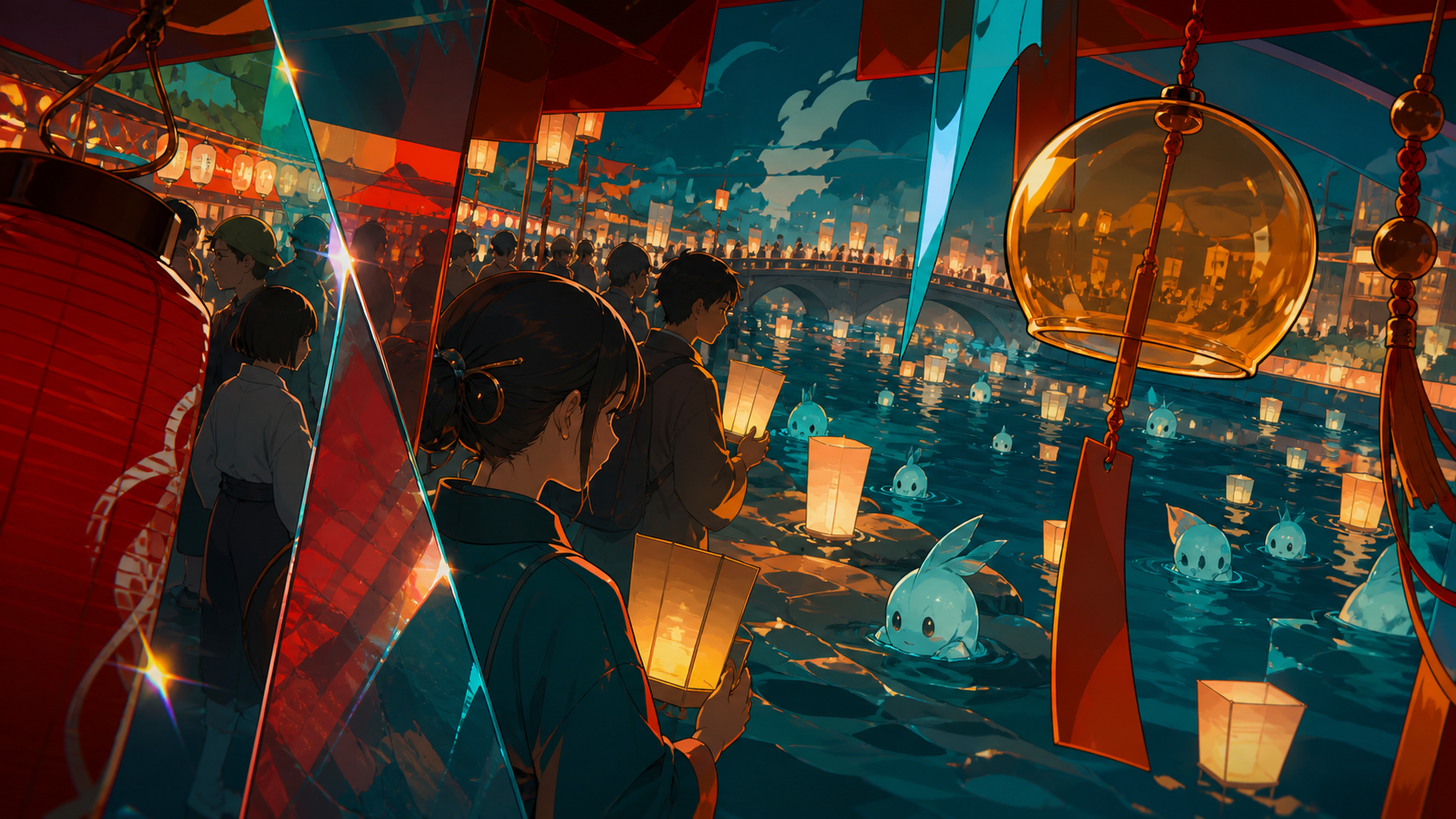 A river lantern festival attended by humans and shy water spirits, from an unusual vantage point within the crowd rather than above it. Layered festival tableau framed by decorations close to the viewer. Petrol blue, oxi