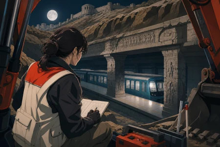 An adult archaeologist uncovering a subway platform beneath an ancient hill fort, as a familiar artifact appears in an impossible historical context. Over-the-shoulder reveal frame