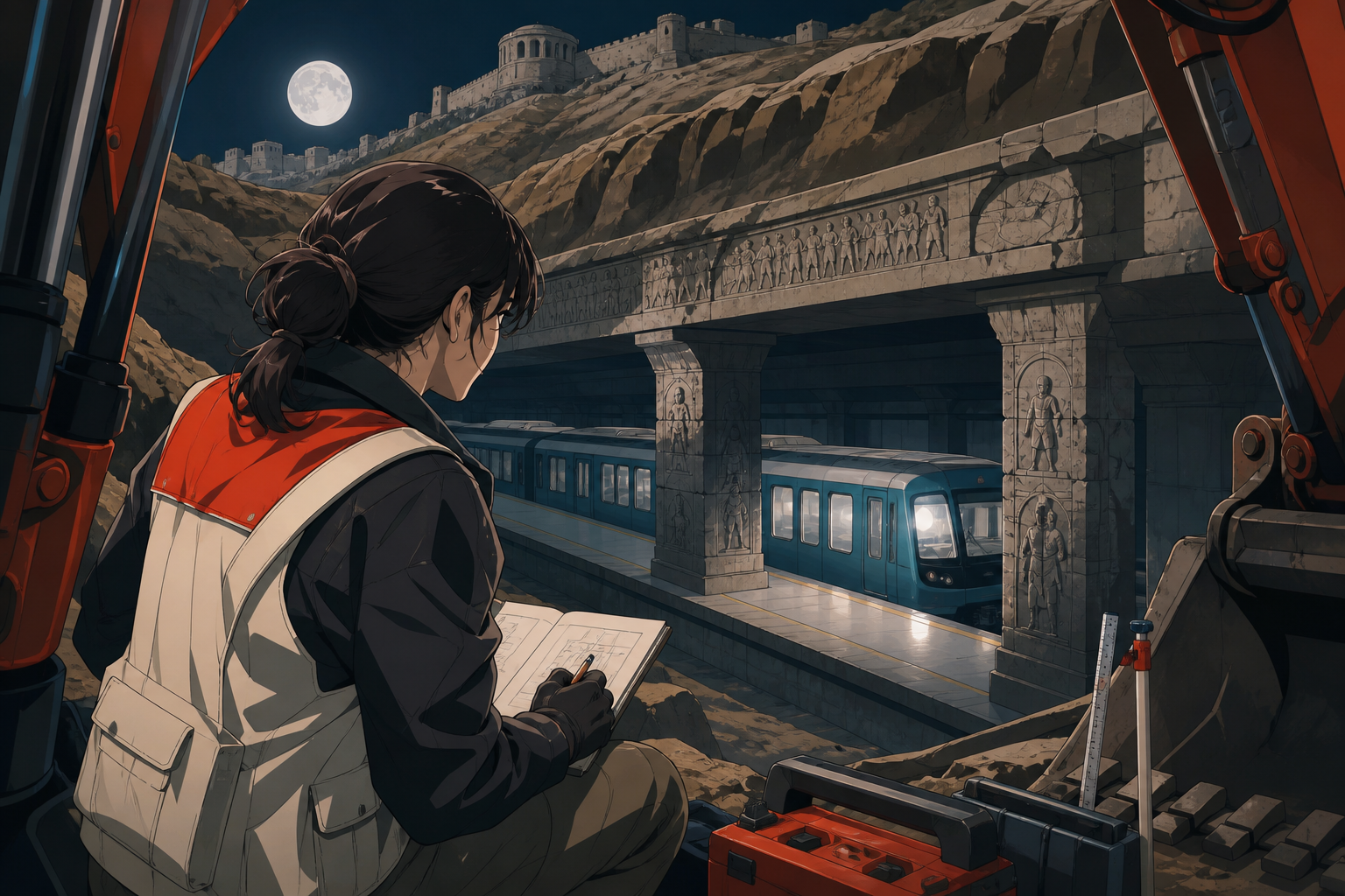An adult archaeologist uncovering a subway platform beneath an ancient hill fort, as a familiar artifact appears in an impossible historical context. Over-the-shoulder reveal framed by excavation equipment. Vermillion, c