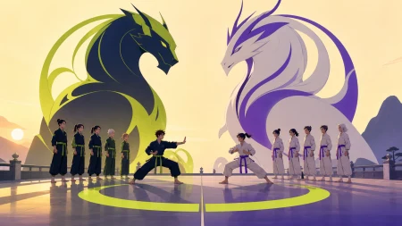 Two rival dojo teams meeting for a disciplined exhibition match, as one fighter changes strategy after recognizing an old lesson. Symmetrical pre-duel composition broken by one sud