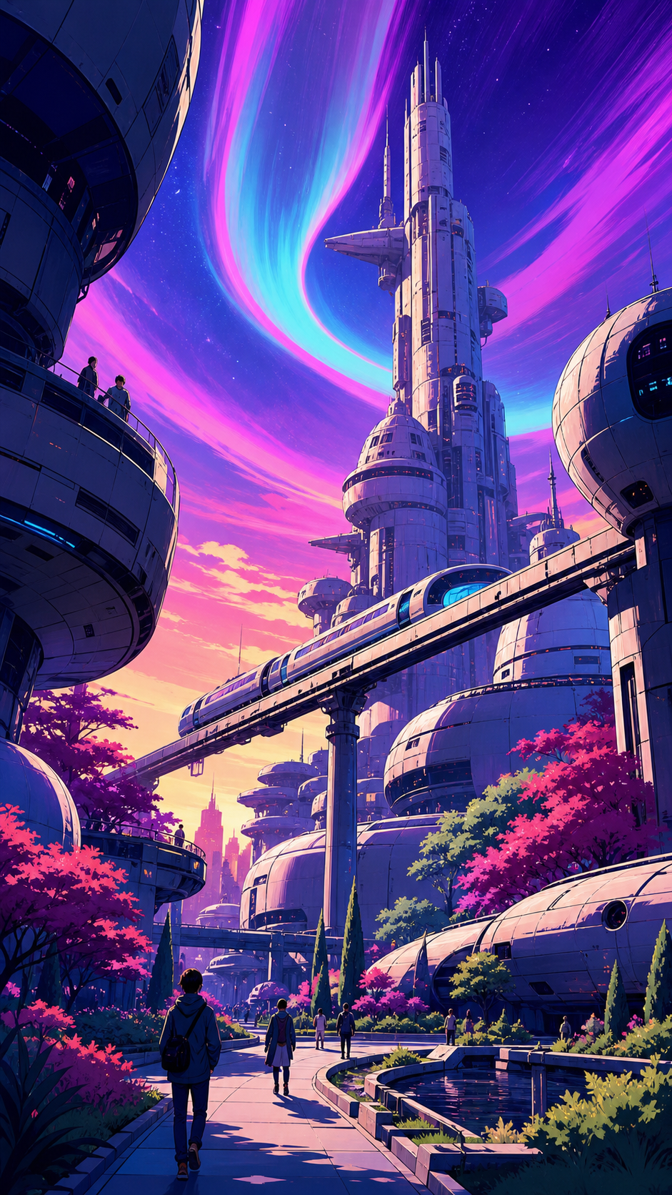 A dense orbital neighborhood assembled from retired spacecraft, as a rare aurora bends around the tallest structures. Street-level cinematic view looking upward through layered architecture. Saturated magenta, electric c
