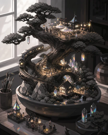 An alpine railway winding through the branches of an ancient bonsai, during a miniature festival full of delicate points of light. Isometric-like miniature vista with multiple read